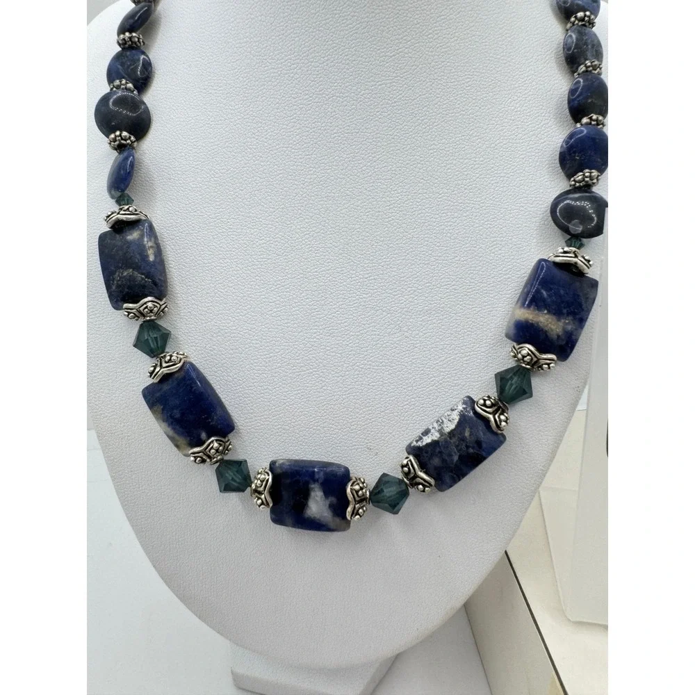 Blue Sodalite Stone Necklace Earring Set Silver Tone Beaded Statement Artisan